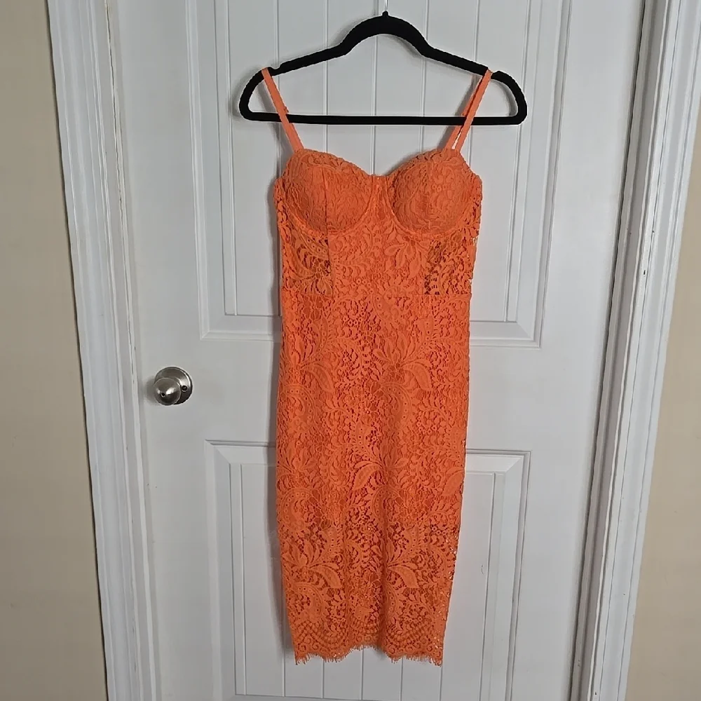 Bebe Orange Lace Midi Dress Sweetheart Neckline w Adjustable & Removable Straps - Picture 2 of 9